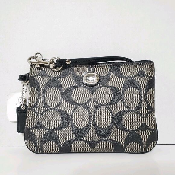 Coach Signature Peyton Wristlet Clutch Pouch Purse NWT Black Gray - Picture 1 of 7